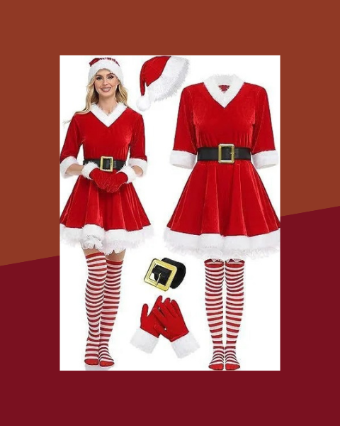 Robe Mère Noël en Velours avec Chaussettes Rayées et Bonnet de Lutin - photo premium Panoplia