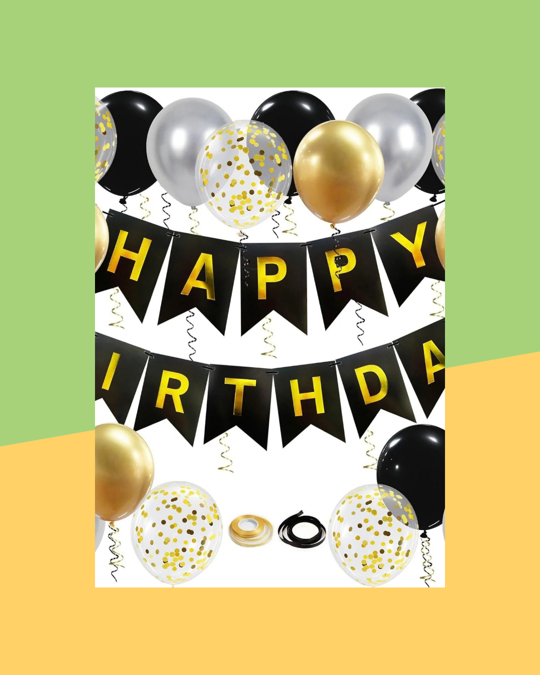 Ballons Latex Métallisés Or/Argent avec Bannière Happy Birthday Noire - photo premium Panoplia