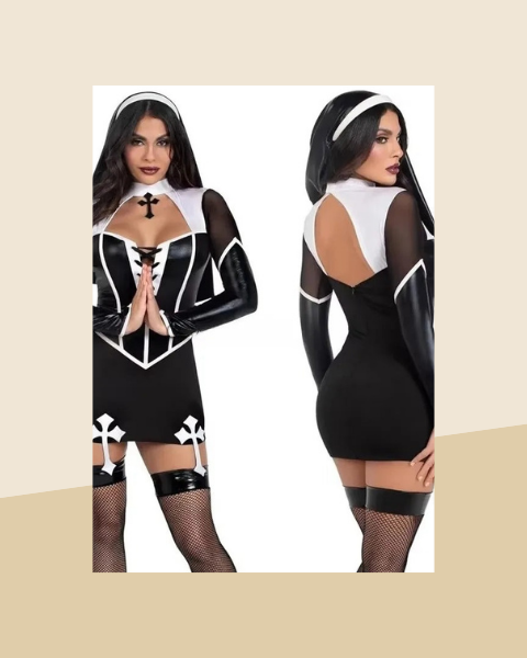 Déguisement Nonne Sexy en Simili-Cuir Noir - photo premium Panoplia