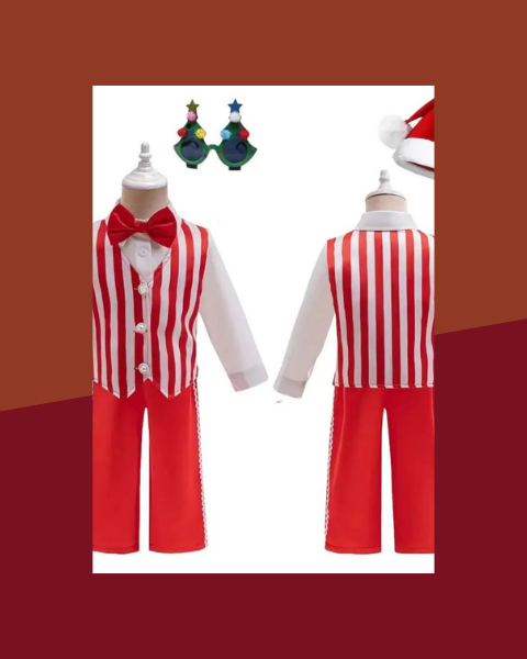 Costume de Noël Rayé Rouge et Blanc 3 Pièces avec Bonnet - photo premium Panoplia