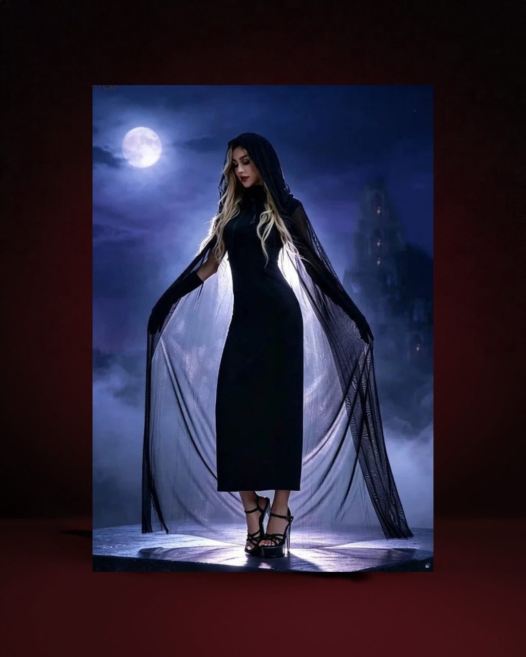 Robe Sorcière Gothique Noire avec Cape à Capuche et Gants – photo premium Panoplia