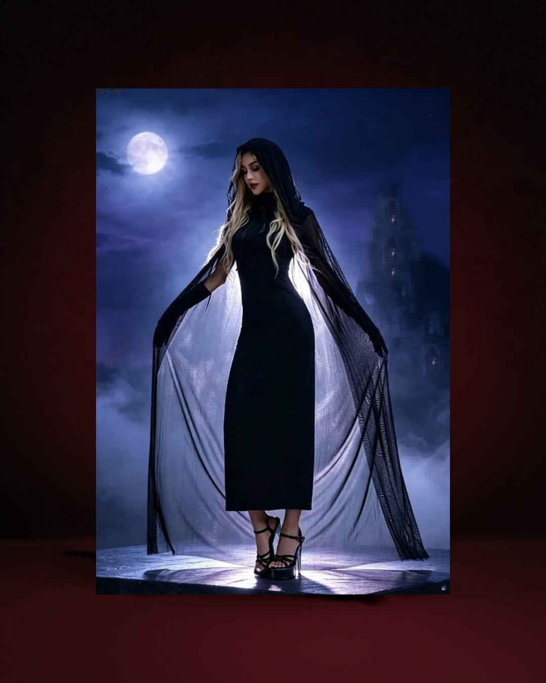Robe Sorcière Gothique Noire avec Cape à Capuche et Gants – photo premium Panoplia