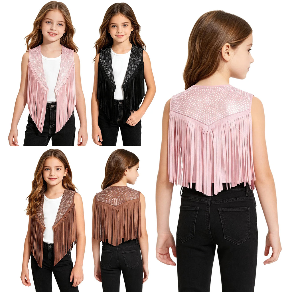 Gilet Cow-Girl Fille à Franges et Strass