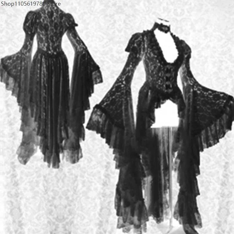 Robe Médiévale Gothique en Dentelle Fleurie