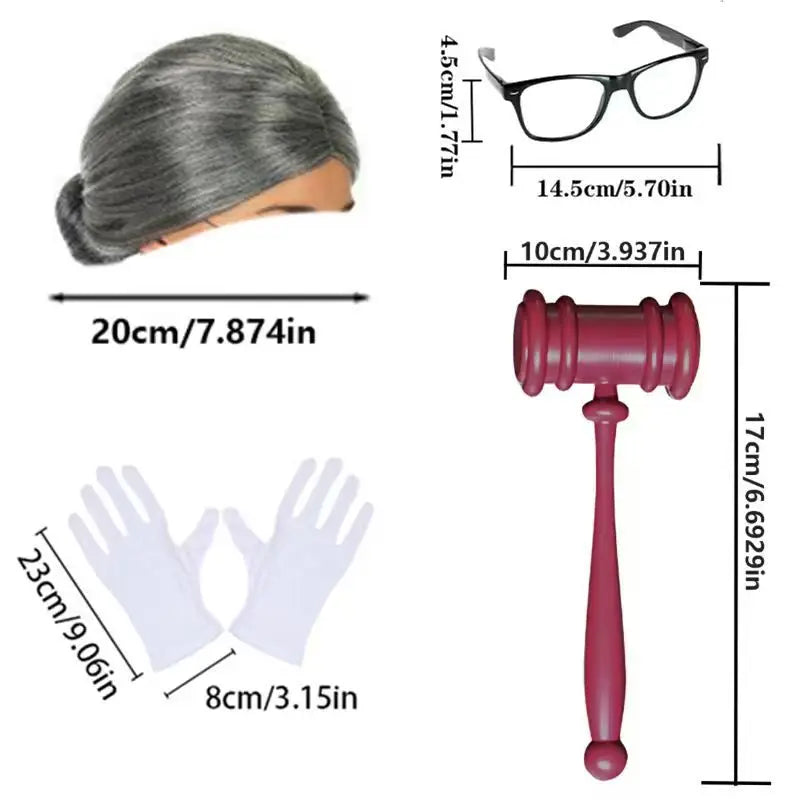 Kit Accessoires de Juge – Perruque, Marteau et Gants