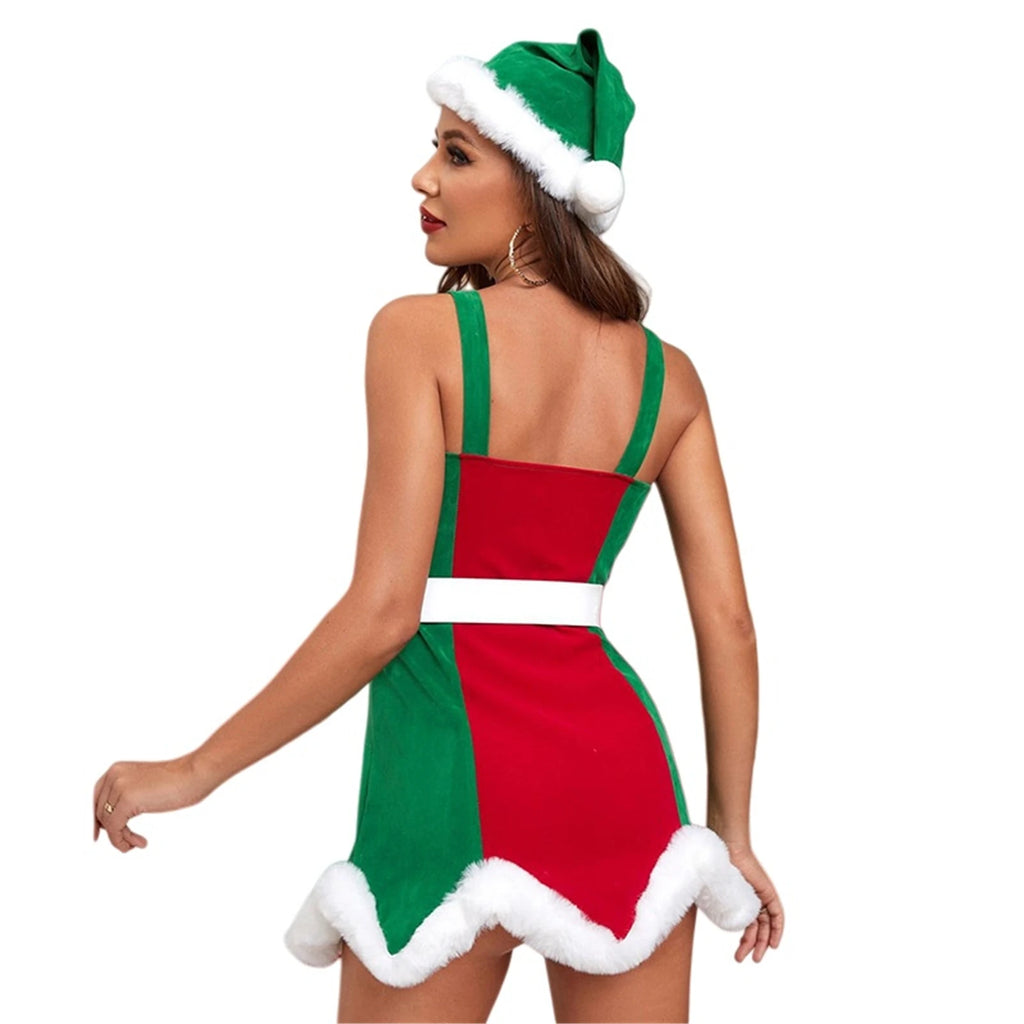 Robe Mère Noël Sexy à Bretelles avec Bonnet et Ceinture