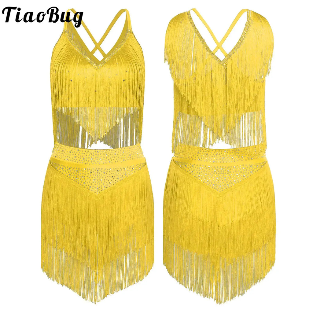 Costume de Danse Samba Latine Femme - Haut à Franges et Jupe