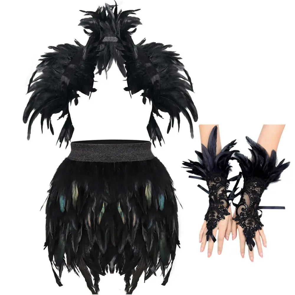 Costume Femme à Plumes – Ensemble Robe, Châle et Gants