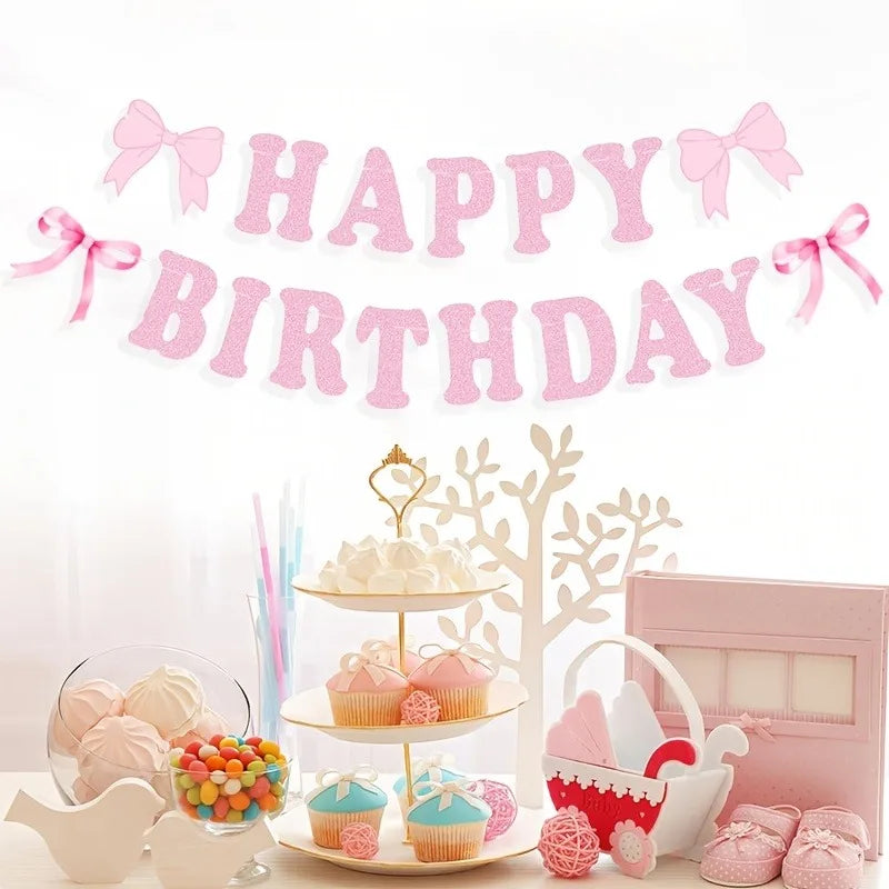 Bannière Happy Birthday Rose Pailletée avec Nœuds – vue 4