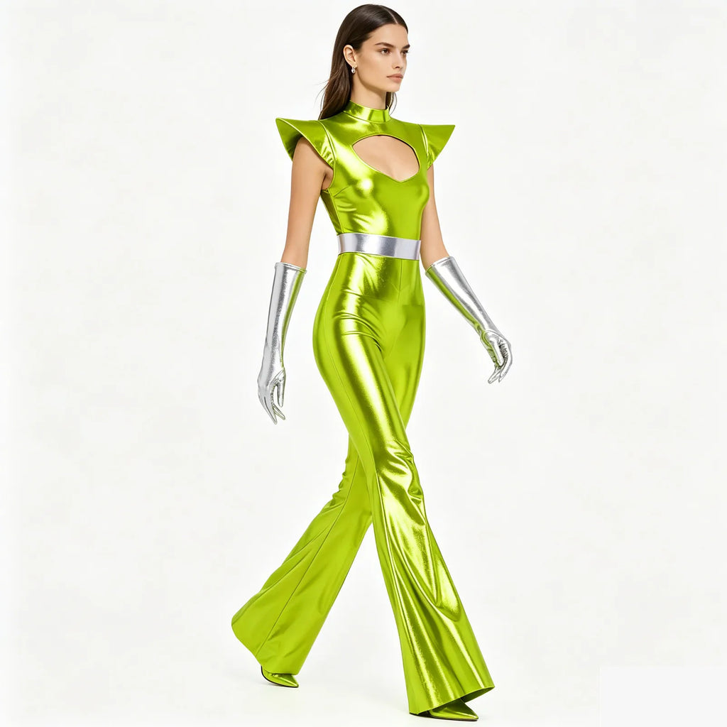 Combinaison Alien Métallisée Femme – Pattes d'Éléphant et Gants – vue 2