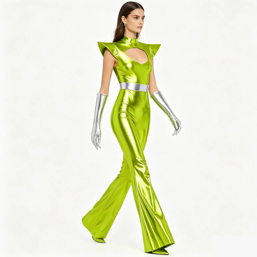 Combinaison Alien Métallisée Femme – Pattes d'Éléphant et Gants – vue 2