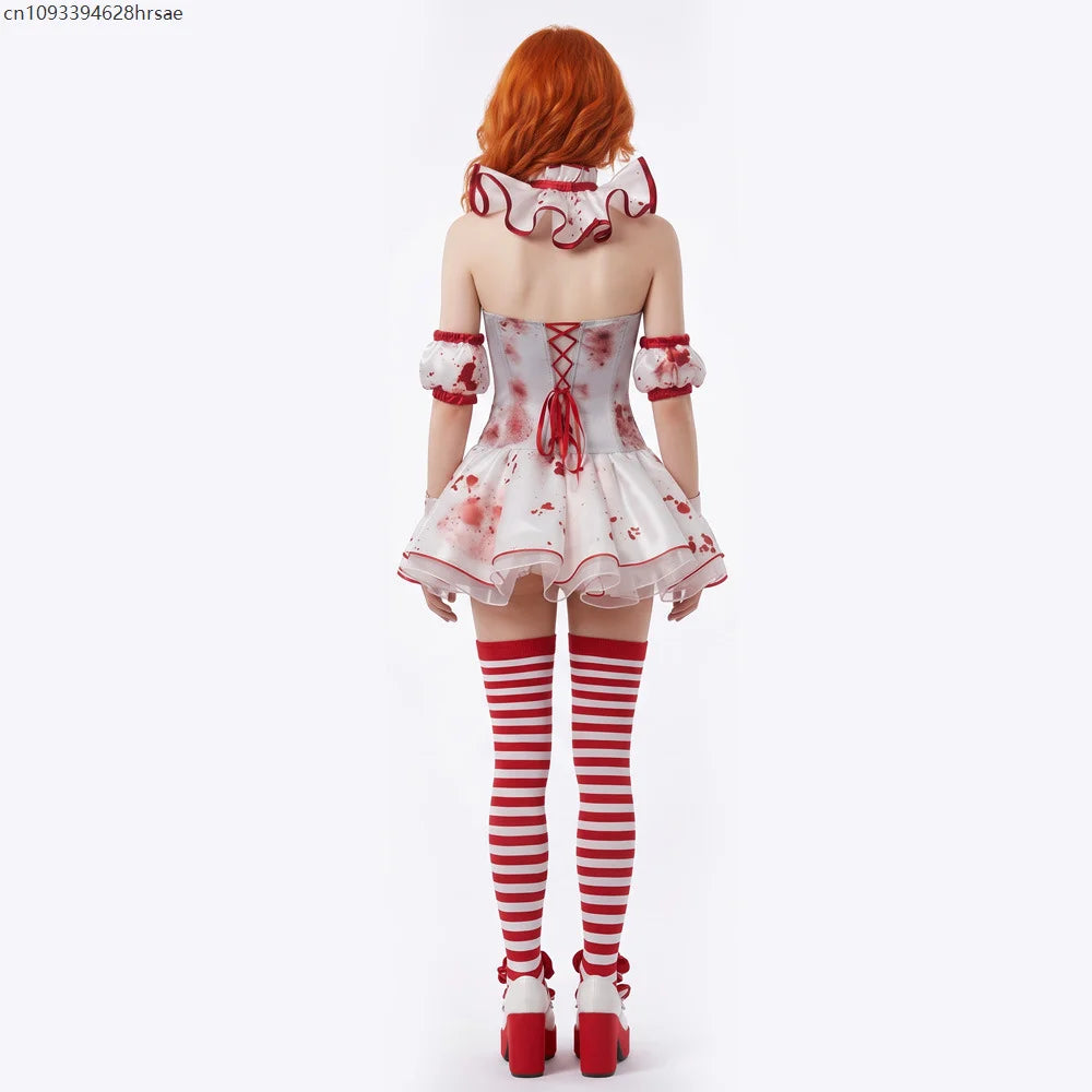 Déguisement Clown Sanglant Femme – Robe Rouge et Blanche avec Bas – vue 2
