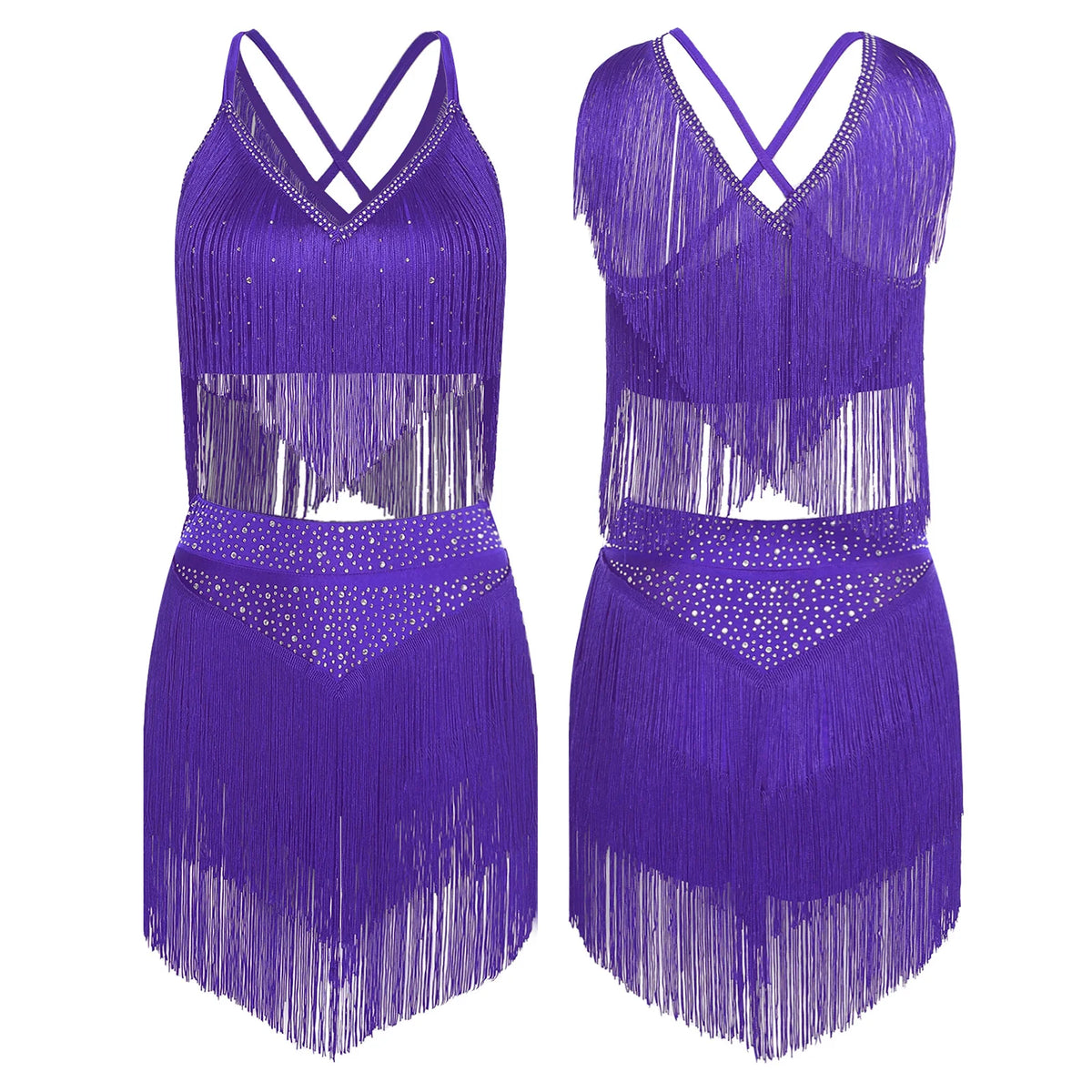 Costume de Danse Samba Latine Femme - Haut à Franges et Jupe à Pompons – vue 7