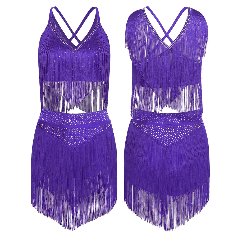 Costume de Danse Samba Latine Femme - Haut à Franges et Jupe à Pompons – vue 7