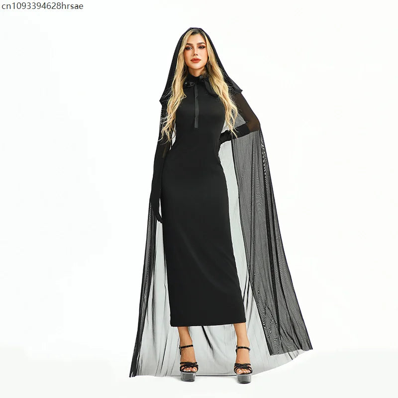 Robe Sorcière Gothique Noire avec Cape à Capuche et Gants – vue 5