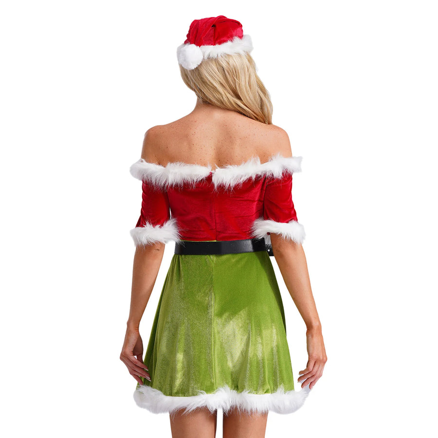 Robe Mère Noël Épaules Dénudées avec Ceinture – vue 3