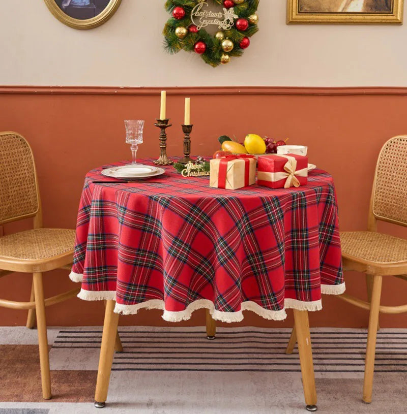 Nappe Ronde de Noël Vintage à Carreaux Rouge et Vert