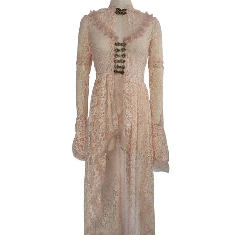 Robe Longue Gothique Médiévale en Dentelle Fleurie – vue 7