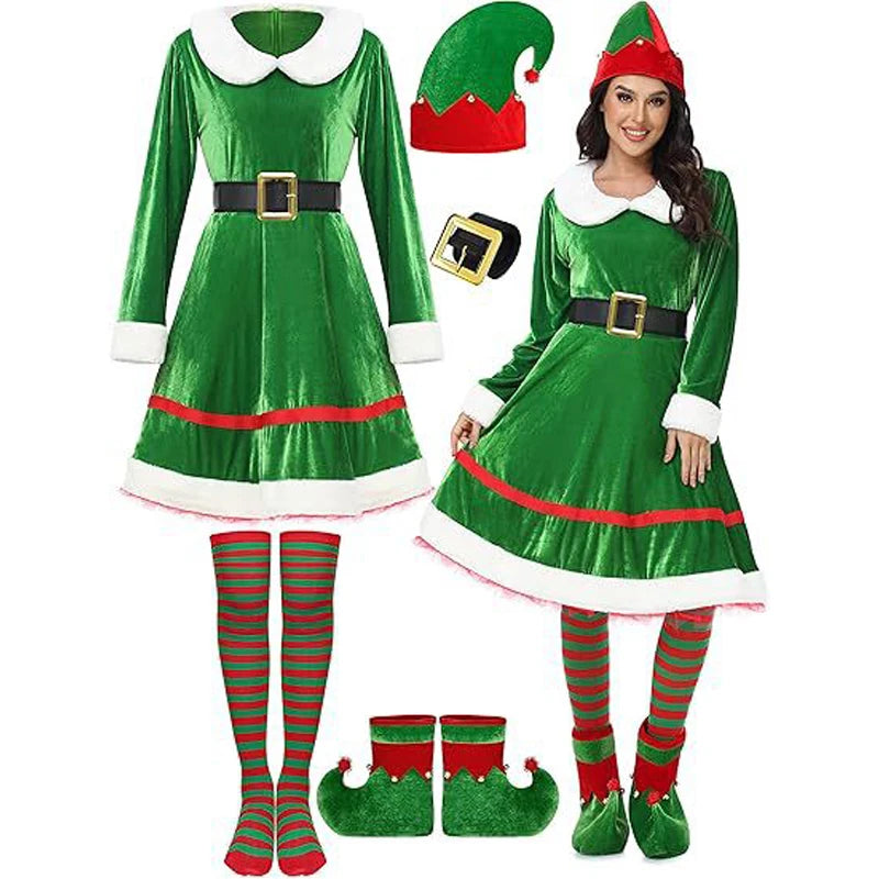Robe Mère Noël en Velours avec Chaussettes Rayées et Bonnet de Lutin – vue 3