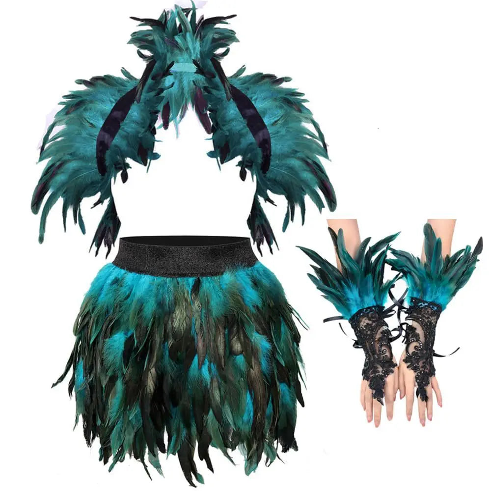 Costume Femme à Plumes – Ensemble Robe, Châle et Gants