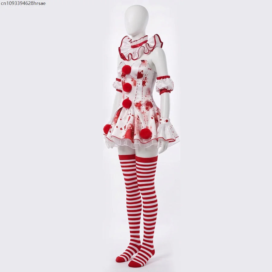 Déguisement Clown Sanglant Femme – Robe Rouge et Blanche avec Bas – vue 4