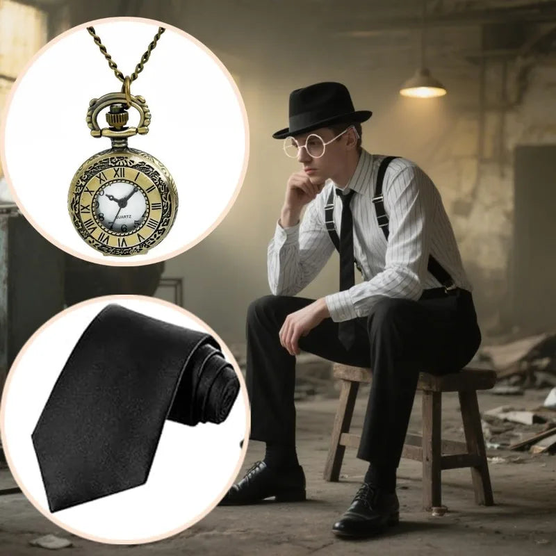 Kit Accessoires Années 20 Homme – Béret, Bretelles et Montre à Gousset – vue 4