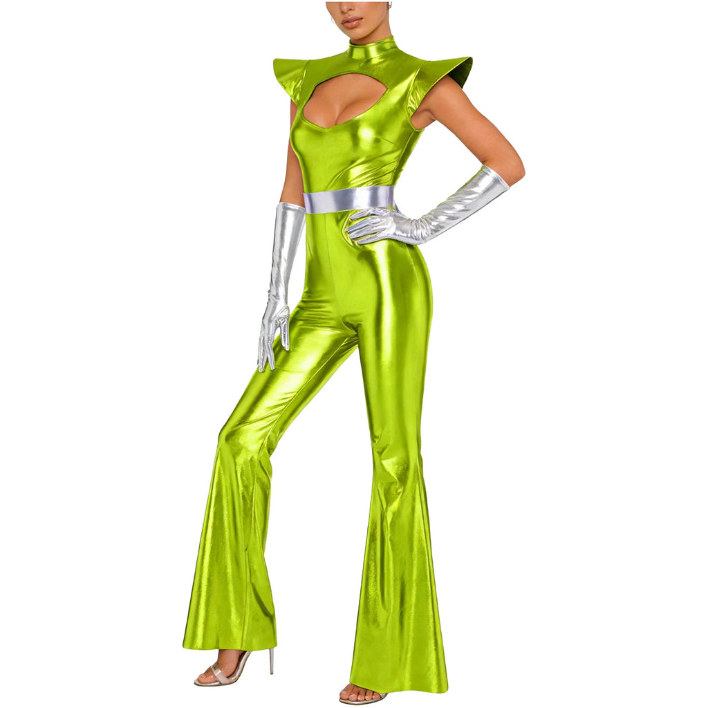 Combinaison Alien Métallisée Femme – Pattes d'Éléphant et Gants – vue 3