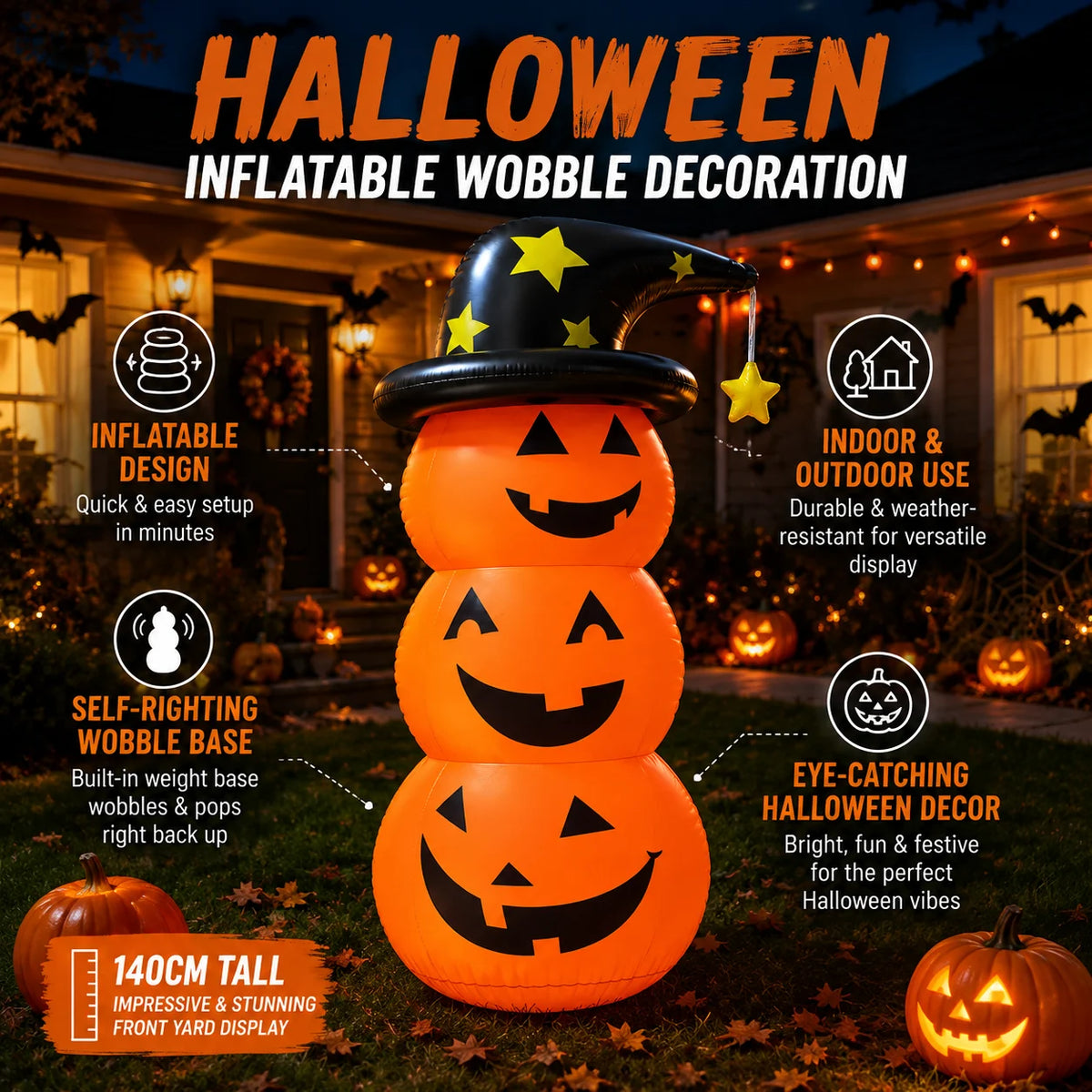 Décoration Gonflable Citrouilles Empilées avec Chapeau de Sorcière – vue 4