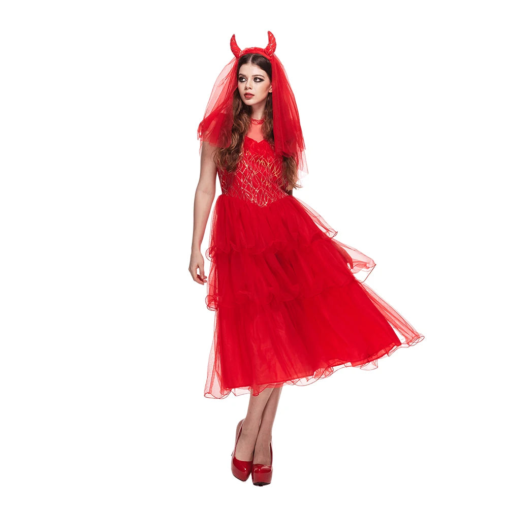 Déguisement Mariée Diablesse Rouge avec Voile à Cornes