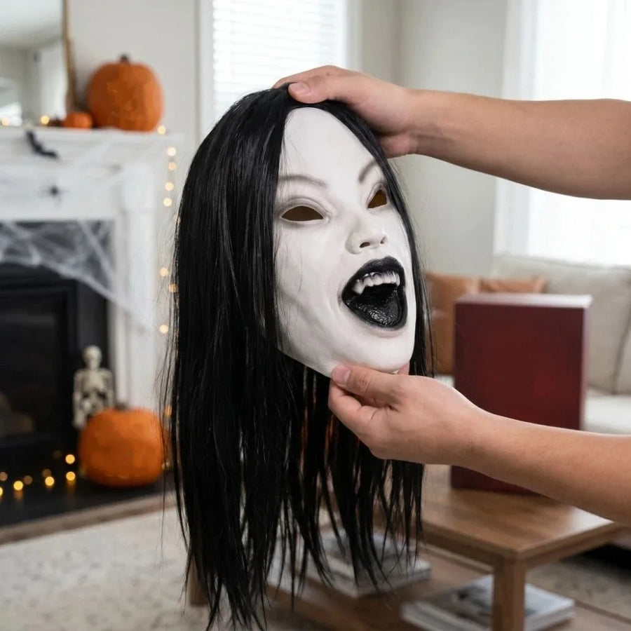 Masque Femme Fantôme en Latex à Cheveux Noirs