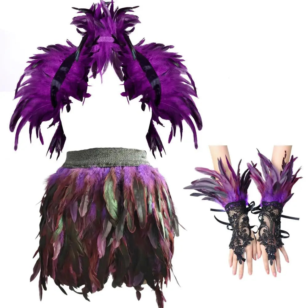 Ensemble Plumes 3 Pièces pour Femme — Châle, Robe et Gants – vue 2