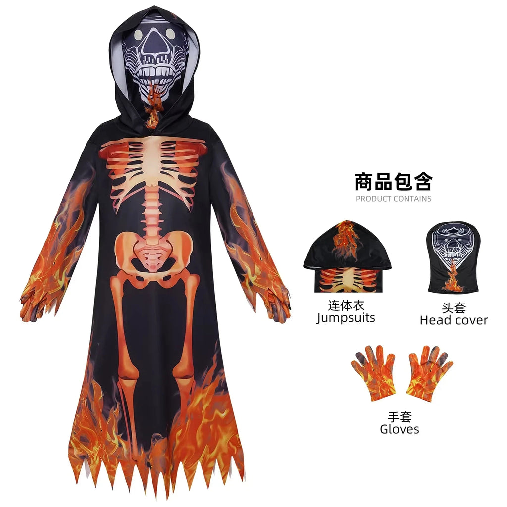 Déguisement Squelette Enflammé Enfant – Robe à Capuche Tête de Mort – vue 7