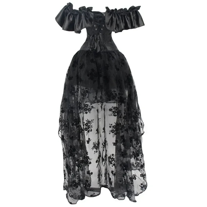 Robe Corset Gothique Noire Épaules Dénudées avec Jupe – vue 2