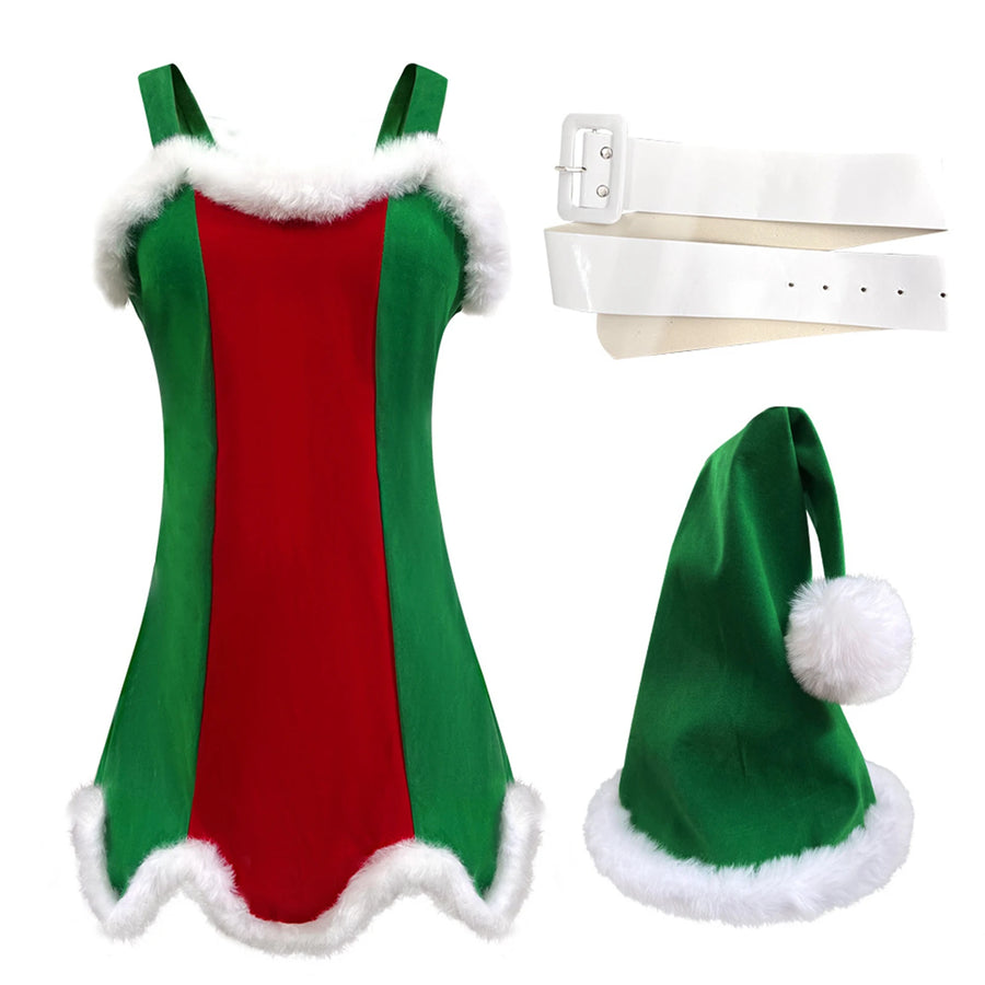 Robe Mère Noël Sexy à Bretelles avec Bonnet et Ceinture – vue 3