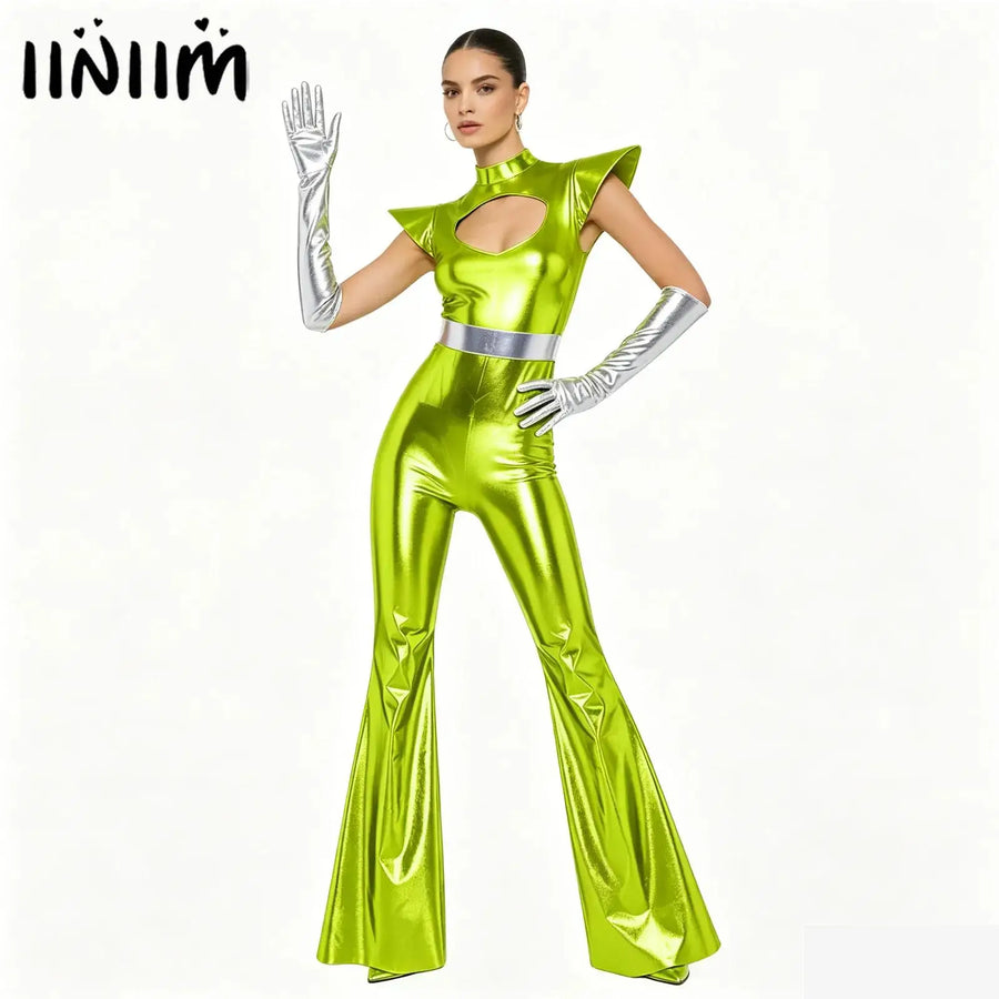Combinaison Alien Métallisée Femme – Pattes d'Éléphant et Gants