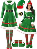 Robe Mère Noël en Velours avec Chaussettes Rayées et Bonnet de Lutin