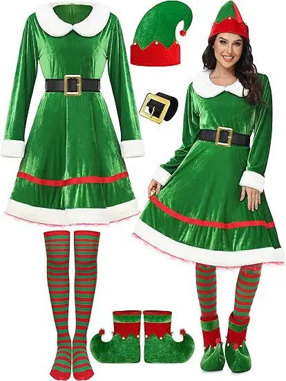 Robe Mère Noël en Velours avec Chaussettes Rayées et Bonnet de Lutin