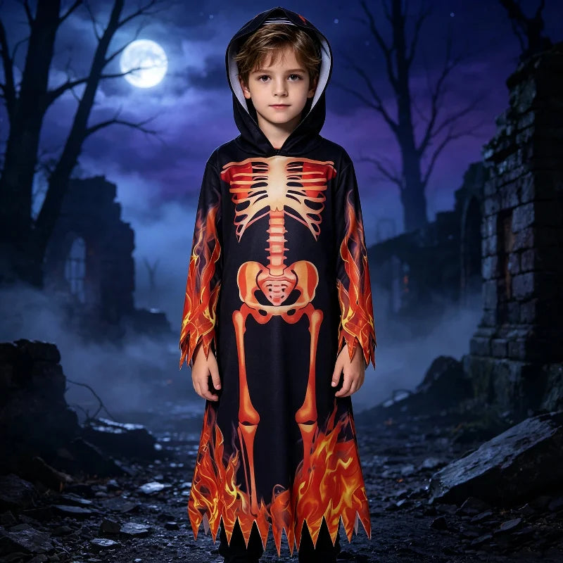 Déguisement Squelette Enflammé Enfant – Robe à Capuche Tête de Mort