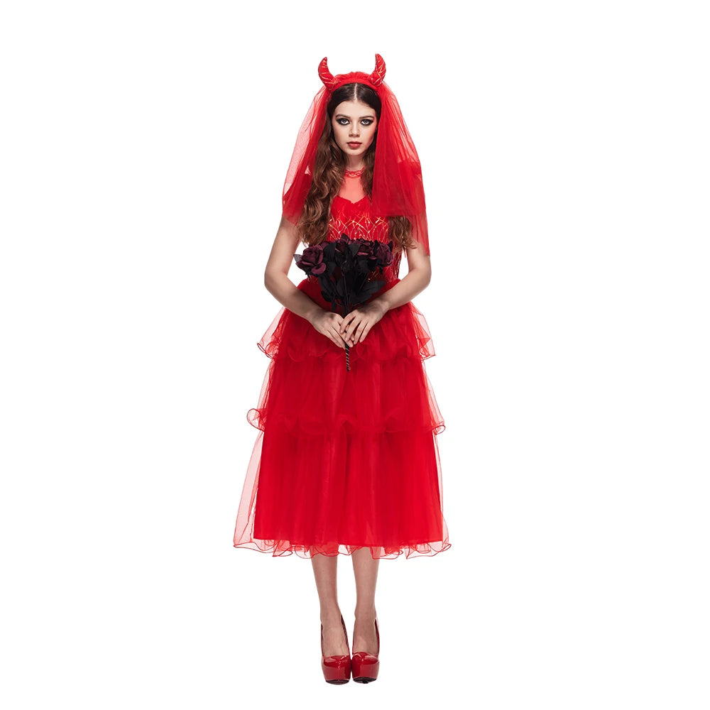 Déguisement Mariée Diablesse Rouge avec Voile à Cornes