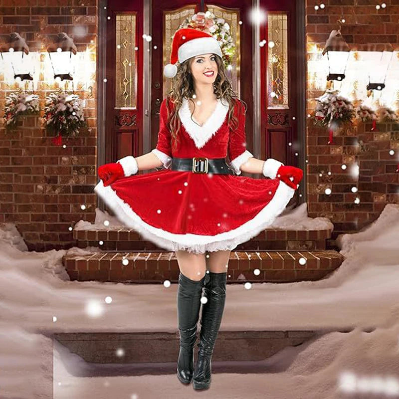Robe Mère Noël en Velours avec Chaussettes Rayées et Bonnet de Lutin
