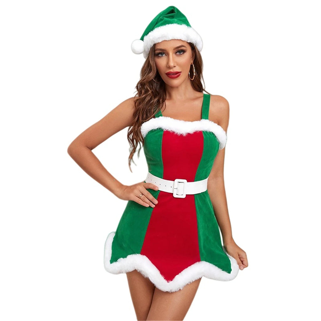 Robe Mère Noël Sexy à Bretelles avec Bonnet et Ceinture