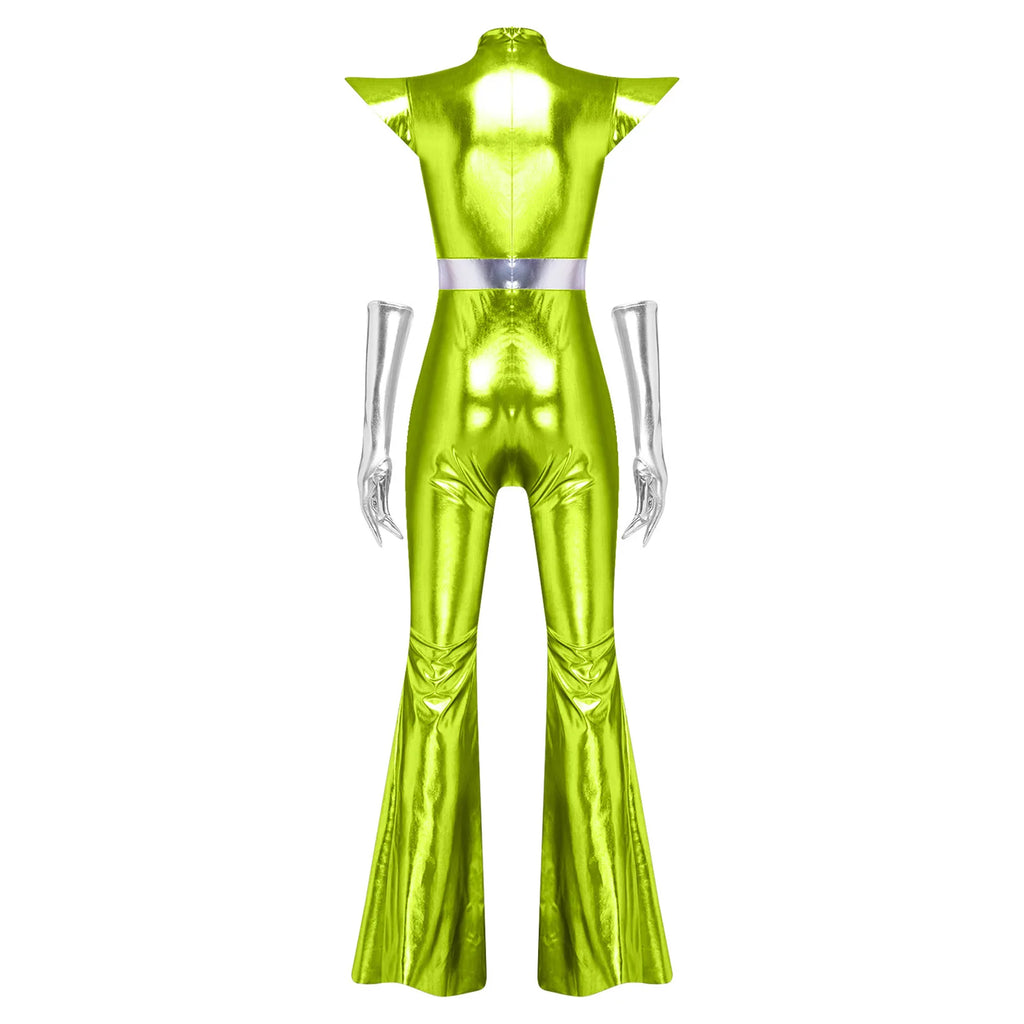 Combinaison Alien Métallisée Femme – Pattes d'Éléphant et Gants – vue 4
