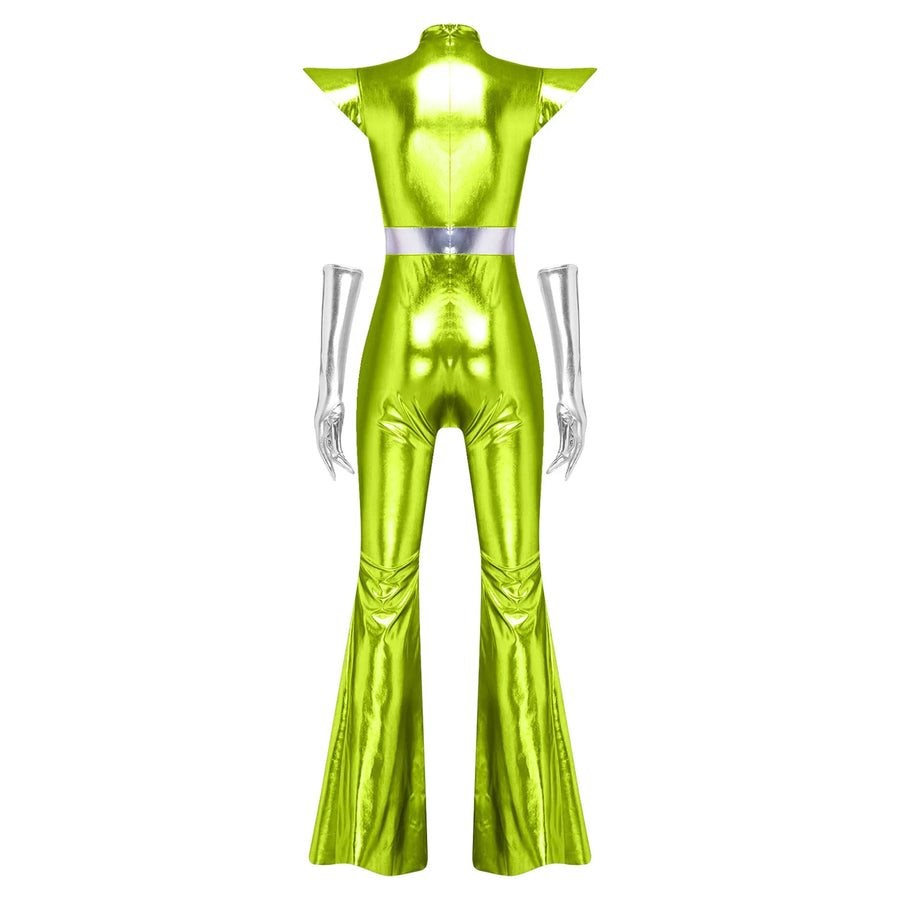 Combinaison Alien Métallisée Femme – Pattes d'Éléphant et Gants – vue 4