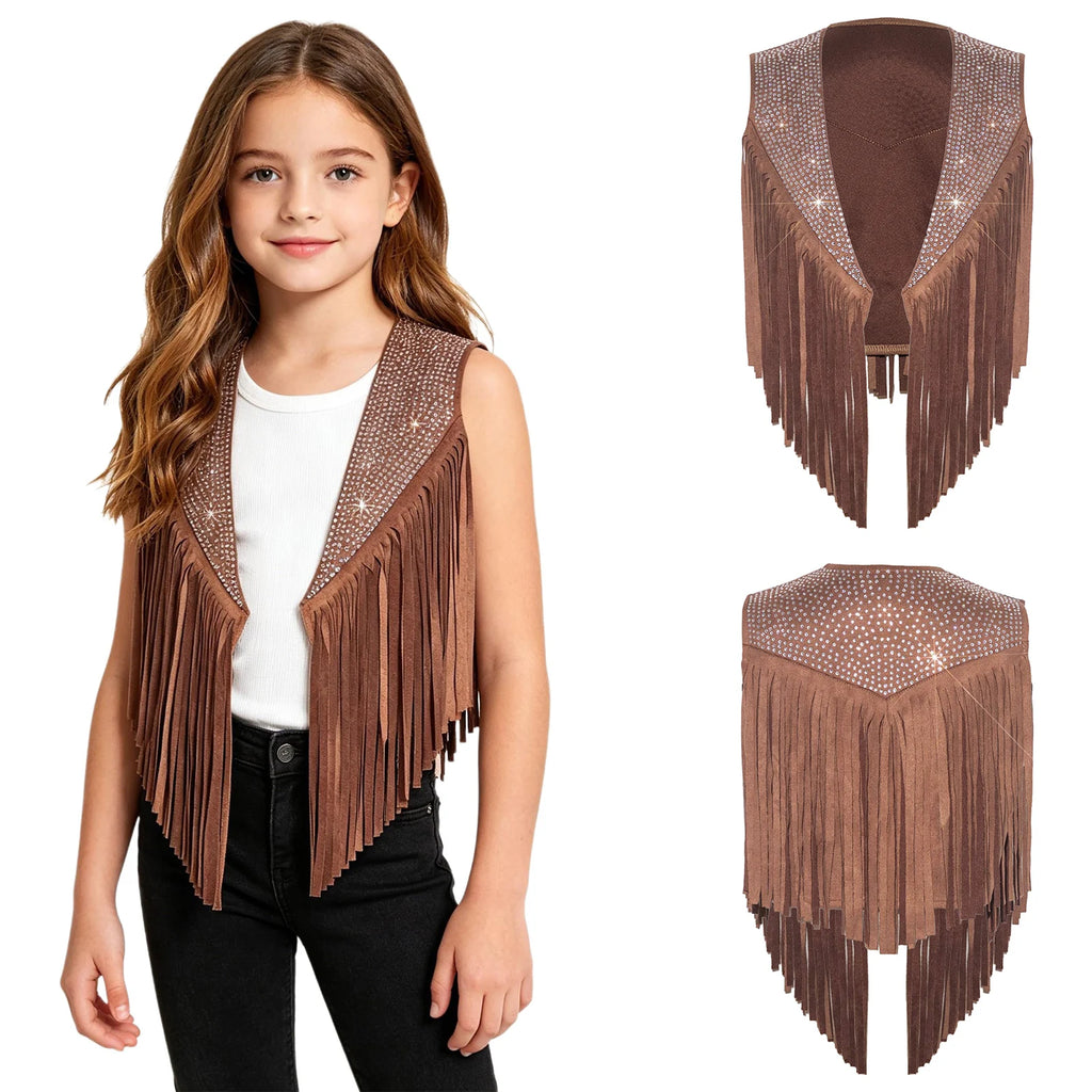 Gilet Cowgirl Fille à Franges et Strass