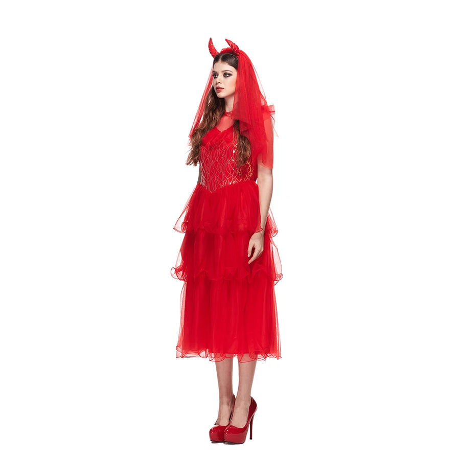 Déguisement Mariée Diablesse Rouge avec Voile à Cornes