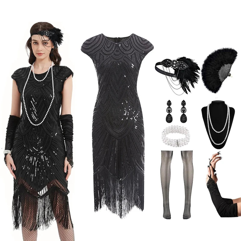 Robe Charleston Années 20 à Franges et Sequins avec Bandeau Plume – vue 10