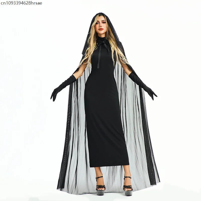 Robe Sorcière Gothique Noire avec Cape à Capuche et Gants – vue 2