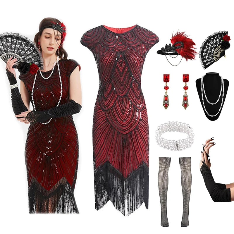 Robe Charleston Années 20 à Franges et Sequins avec Bandeau Plume – vue 9