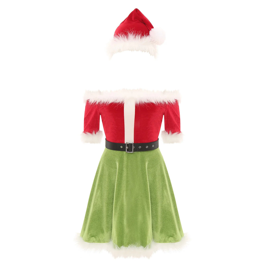 Robe Mère Noël Épaules Dénudées avec Ceinture – vue 4