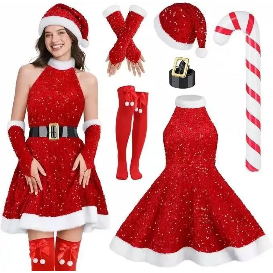 Déguisement Mère Noël Sexy – Robe Dos Nu, Bonnet, Gants et Bas